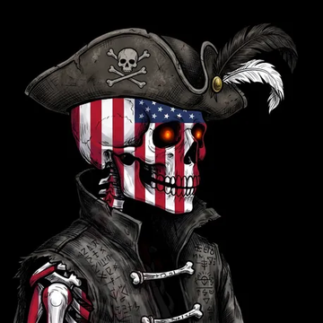 A stylized skeletal pirate sporting an American flag-painted skull face, glowing red eyes, and a black tricorn hat adorned with a skull and crossbones and feathers, while wearing a torn, weathered coat with bone-like clasps. The image complements the post's reference to a "Death Wish Collection" NFT mint on the XRP Ledger (XRPL), reflecting the dark, edgy aesthetic of the artwork being promoted.