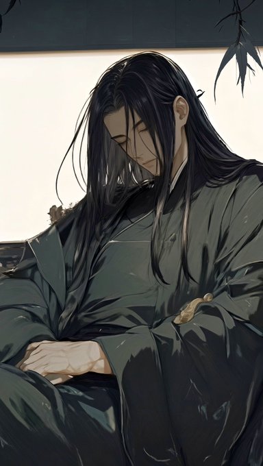 Anime-style illustration of a long-haired figure in dark traditional robes sitting with head bowed in a contemplative pose against a muted background.