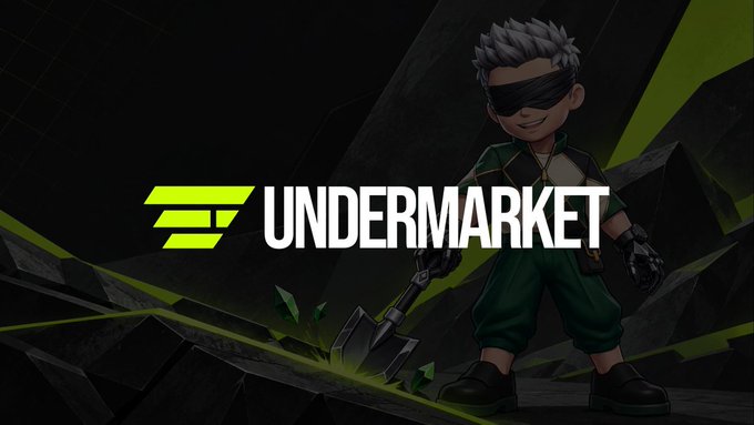 A banner showing the logo for 'UNDERMARKET' alongside an animated character with silver hair wearing a blindfold and holding a pickaxe.