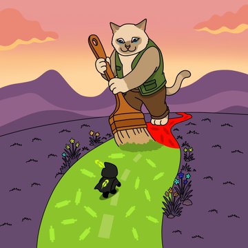 The image shows a cartoon CashCat wearing a green vest, holding a large broom to clear a green pathway across a barren, rocky landscape, with a small black cat figure walking on the bright green path. This visual aligns with the post's message of "CashCat clearing the pathway" toward $CASHCAT, symbolizing the meme contest entry and the progress being made for the token.
