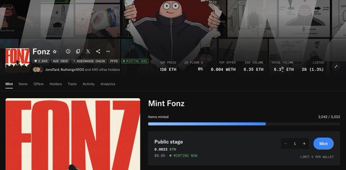 The image shows a NFT minting page for "Fonz" (FONZ) collection, with 2,042 of 3,333 items minted at 0.0033 ETH each, confirming the user's successful participation in the mint. The page displays contract details (0x2,045 | AUR | 2420 | NORTHWOOD CHAIN) and a floor price of 0.004 ETH, aligning with the post about minting tokens after doing research.