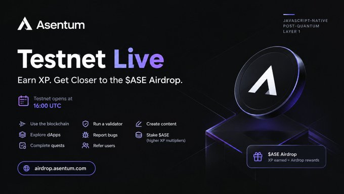 A promotional banner for 'Asentum Testnet Live' inviting users to earn XP and get closer to the '$ASE Airdrop'. It lists activities like using the blockchain, running a validator, and completing quests, alongside a 3D rendering of the ASE coin and the URL 'airdrop.asentum.com'.