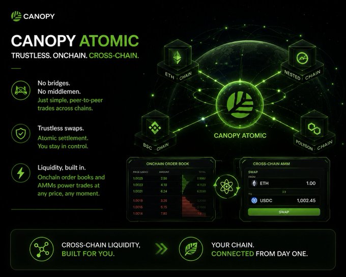 A promotional graphic for "CANOPY ATOMIC" describing it as "TRUSTLESS. ONCHAIN. CROSS-CHAIN." and featuring an illustration connecting ETH, Nested, BSC, and Polygon chains with details about onchain order books and cross-chain AMM swaps.