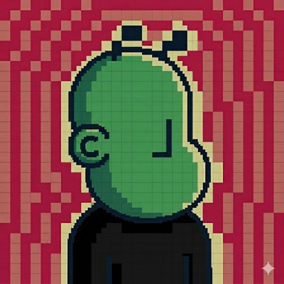 The image features a cartoon character with a green head, wearing a black shirt against a red background. The character appears to be looking at something or someone off-camera. There are also some text elements present in the image, including the words "New Profile pic" and "@nebula_bits With a @npconchain twist".