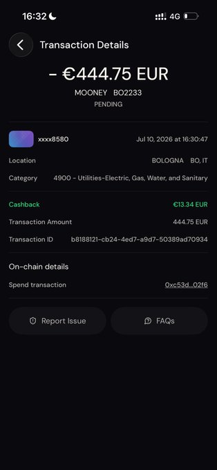 A screenshot of a transaction details page showing a €444.75 EUR pending payment to MOONEY (B02233) for a utility bill in Bologna, Italy, with €13.34 EUR cashback earned—illustrating the user's smooth cross-border payment experience through EtherFi.