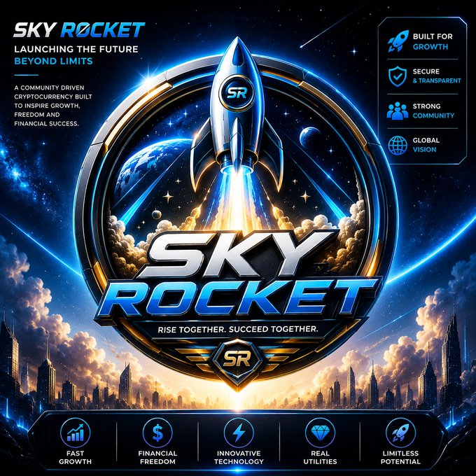 A promotional graphic for 'SKY ROCKET' cryptocurrency featuring a rocket launching from Earth with the tagline 'LAUNCHING THE FUTURE BEYOND LIMITS' and highlighting features like Fast Growth, Financial Freedom, and Global Vision.