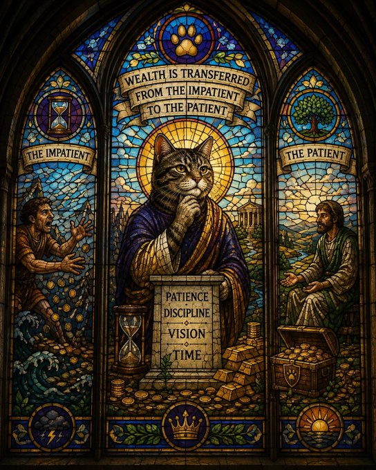 A stained-glass window depicts a divine cat as "Patience" (with paw on a stone inscribed "Patience, Discipline, Vision, Time") receiving wealth transferred from "The Impatient" (a struggling figure on the left) to "The Patient" (a calm figure on the right), under the banner "Wealth is Transferred from the Impatient to the Patient." The image perfectly illustrates the post's message that patience will pay off handsomely — those who wait their turn will claim the billions that impulsive investors leave behind.