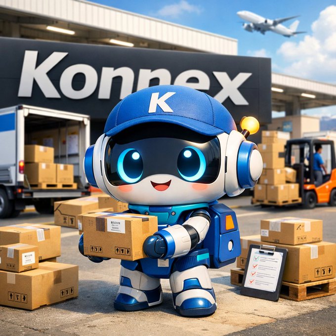 A cute blue-and-white robot mascot wearing a 'K' cap holds a package in a warehouse setting with 'Konnex' signage, delivery trucks, forklifts, and a plane in the background.