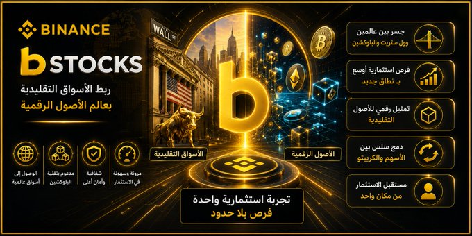 A Binance promotional graphic in Arabic for 'Binance Stocks' featuring golden Bitcoin imagery, the Wall Street bull statue, and text about traditional stocks being linked to digital assets with zero commissions and weekly payouts.