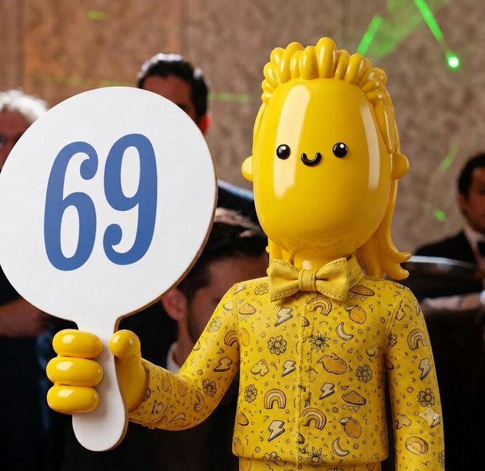The image features a yellow statue of a man holding up a white sign with the number "69" written on it, possibly indicating an event or gathering at Good Vibes Club. The text in the image suggests that there might be a Cryptopunk reward for someone who participates in the event or follows the club's social media pages.