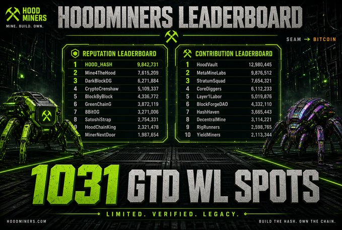A 'HOODMINERS LEADERBOARD' graphic featuring reputation and contribution rankings for teams like 'HOOD_HASH' (9,842,731) and 'HoodVault' (12,980,445), promoting '1031 GTD WL SPOTS' with the tagline 'LIMITED. VERIFIED. LEGACY.'