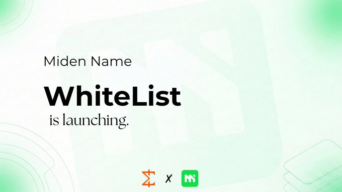 Promotional banner announcing that "Miden Name WhiteList is launching," featuring a minimalist white and green design with a collaboration logo between Zircuit and Miden at the bottom. The image visually supports the announcement about the upcoming whitelist campaign for the Miden Name project.