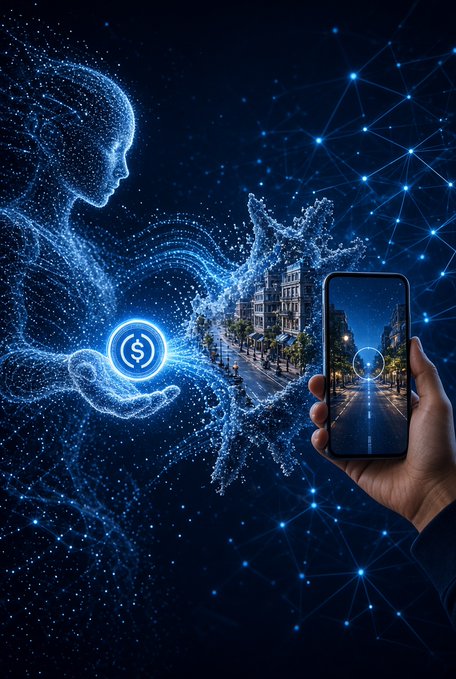 A digital illustration depicts a glowing blue, particle-formed human figure holding a dollar sign ($), connected to a network, alongside a hand holding a smartphone displaying a street view.