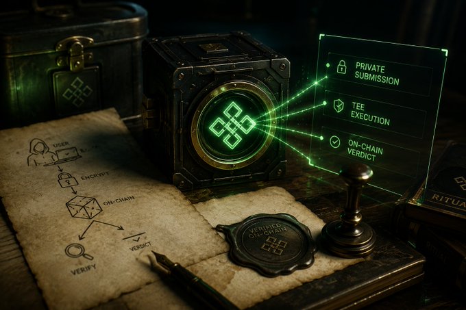 A digital art piece depicting a vintage safe with a glowing green diamond symbol, accompanied by floating holographic text reading 'PRIVATE SUBMISSION', 'TEE EXECUTION', and 'ON-CHAIN VERDICT', alongside parchment diagrams labeled 'USER', 'ENCRYPT', 'ON-CHAIN', 'VERIFY', and 'VERDICT'.