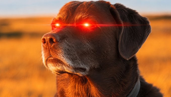 A close-up portrait of a chocolate Labrador Retriever with digitally added glowing red eyes, set against a blurred golden field at sunset.