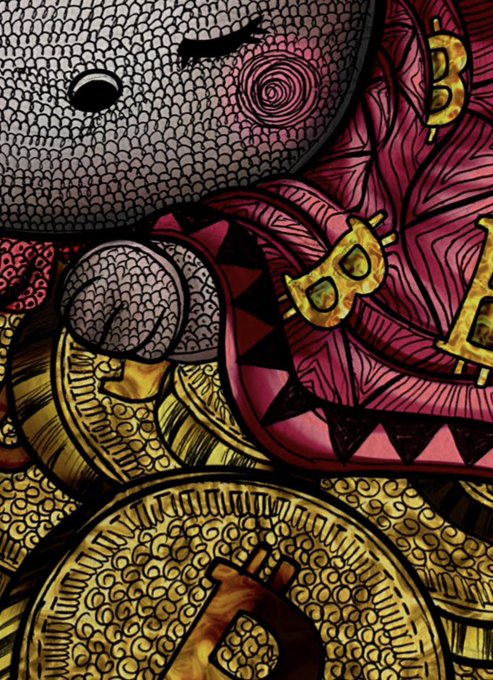 A detailed illustration featuring a gray bunny character with a swirled pink cheek, surrounded by gold coins and a pink envelope adorned with golden letters "B" and "H".