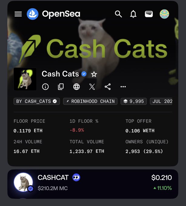 The image shows an OpenSea listing for the "Cash Cats" NFT collection on Robinhood Chain, displaying a floor price of 0.1179 ETH (down 8.9% in 24h) with 2,953 unique owners and a separate "CASHCAT" token shown at $0.210 with $210.2M market cap. The screenshot humorously captures the exact moment Vlad (likely Vlad Tenev, Robinhood's CEO) mentions NFTs, given the collection is hosted on Robinhood's own blockchain.
