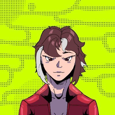 A pixel art-style illustration of a character with brown hair featuring white streaks, wearing a red jacket against a bright green background with Japanese katakana text.