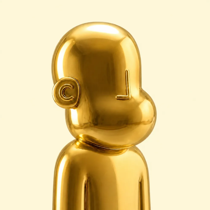 A glossy golden 3D-rendered figure with a smooth, featureless head bearing the letters 'C' and 'L' on its face.