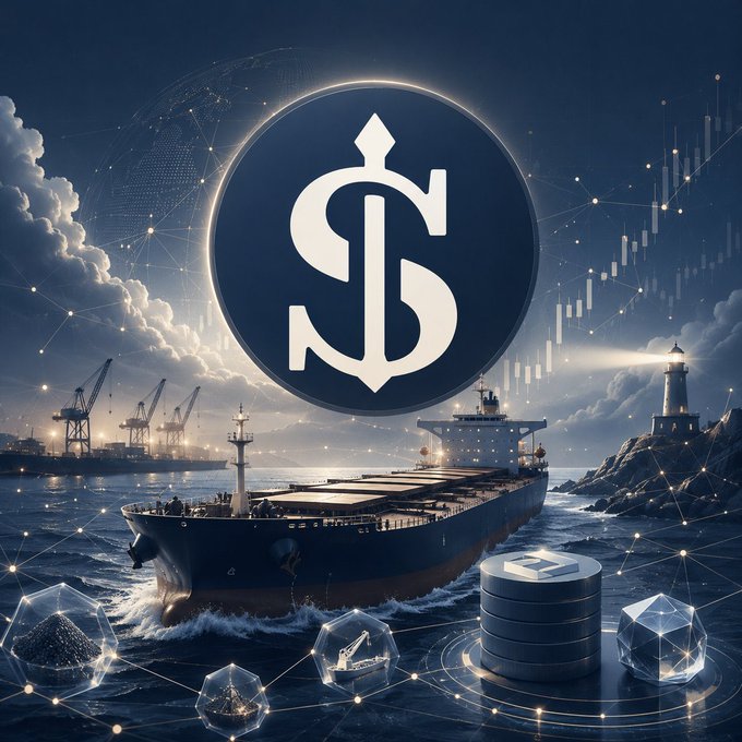 A digital illustration featuring a large dollar sign logo overlaid on a maritime scene with a cargo ship, lighthouse, and port cranes, surrounded by glowing data nodes, network lines, oil barrels, and financial candlestick charts suggesting global trade and commodities.
