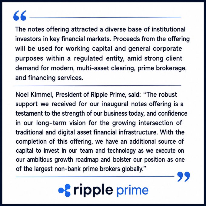 A quote graphic about a notes offering attracting institutional investors, featuring a statement from Noel Kimmel, President of Ripple Prime, with the Ripple Prime logo at the bottom.