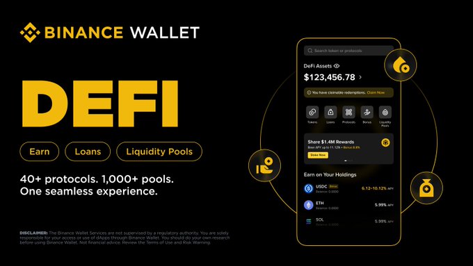 The image features a smartphone screen displaying an app called "Binance Wallet DeFi" with various icons representing different aspects of DeFi. The main focus of the image is the app itself, which appears to be a wallet for DeFi transactions on the Bitcoin blockchain.