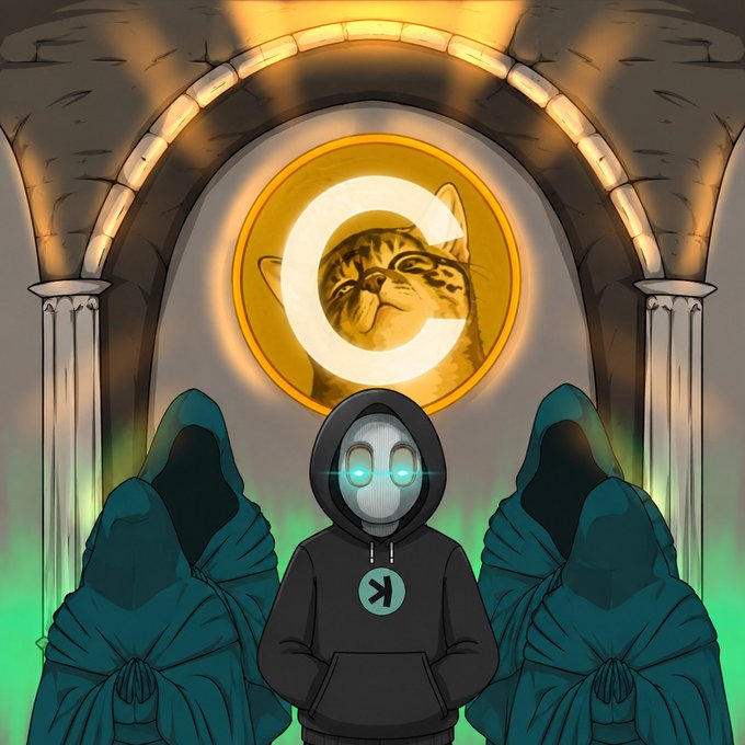 A hooded figure with glowing green eyes stands flanked by two shrouded companions beneath a glowing cathedral-like arch, where a regal cat gazes out from within a golden "$CATE" emblem—evoking a mystical cryptocurrency shrine for the giveaway winners.
