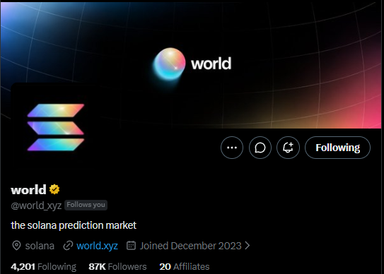 A social media profile screenshot for 'world' (@world_xyz), described as 'the solana prediction market,' displaying the Solana logo, 87K Followers, and a 'Following' status.