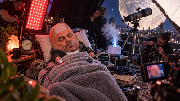 A surreal scene shows a man sleeping in a bed on a rooftop at night, surrounded by a film crew, a telescope, red studio lights, a smoking humidifier, and a large moon in the background.