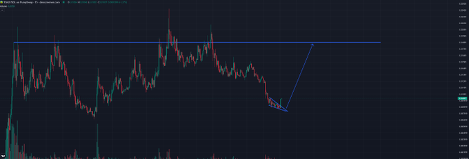 A cryptocurrency chart for $TOAD/USD displays a candlestick pattern with a descending price action highlighted by blue support and trend lines, indicating a recent dip. The chart visually supports the post's bullish sentiment by showing the second dip mentioned, suggesting a potential rebound from the current low.