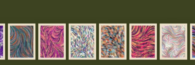 A horizontal display of eight framed abstract art prints with colorful swirling and geometric patterns arranged on a dark green background.