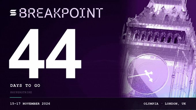 Promotional graphic for 'BREAKPOINT' by @HYPERSTRIKE showing '44 DAYS TO GO' with an event date of '15-17 NOVEMBER 2026' at 'OLYMPIA · LONDON, UK', featuring a purple-tinted clock tower with the Hyperstike logo.