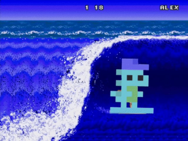The image features a cartoon character surfing on a wave with a blue background. The character appears to be wearing a hat and has a small boat attached to its back, which is likely used for navigating through the waves. The surfboard under the character's feet is also blue in color. In the bottom right corner of the image, there is text that reads "gm, think ya missed one @opensea". This suggests that the image might be related to a surfing-themed video game or an advertisement for a surfing-related product.