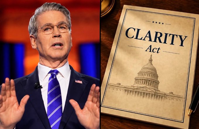 U.S. Treasury Secretary Scott Bessent is shown alongside a document labeled “CLARITY Act,” illustrating his call for lawmakers to advance the crypto market-structure legislation. He warns that failing to pass it would signal America is unwilling to lead on digital assets.