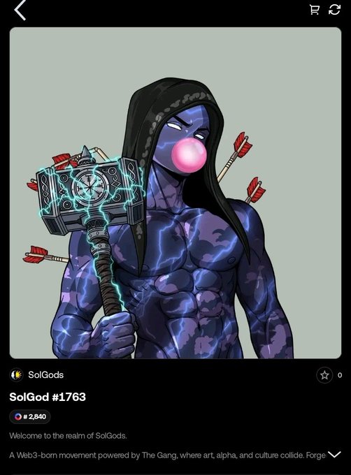 Screenshot of an NFT listing for "SolGod #1763" showing a blue-skinned figure blowing a pink bubblegum bubble while holding a glowing hammer, priced at 2.540 ETH.