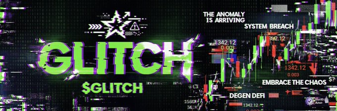 The image is of an advertisement for a cryptocurrency called "Glitch". The background features a black and white, chaotic graphic with various symbols that represent different elements related to cryptocurrency trading. These include stock market charts, dollar signs, and lightning bolts. The title of the advertisement reads "GLITCH $GLITCH", which suggests that the advertisement is trying to promote the idea of breaking or disrupting traditional markets, specifically focusing on the stock market and the cryptocurrency market in particular.