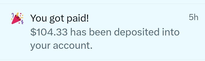 A payment notification stating 'You got paid! $104.33 has been deposited into your account' with a party emoji, timestamped 5 hours ago.