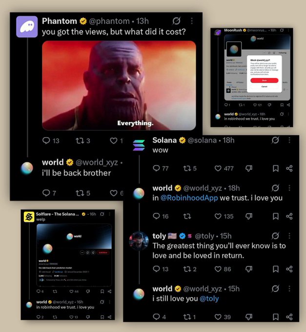 A collage of tweets discussing the 'World' app, featuring posts from @phantom, @solana, @world_xyz, @toly, and @MoonRush, with Phantom's post showing a Thanos meme captioned 'Everything.' and Solomon posts saying 'wow' and 'in @RobinhoodApp we trust. i love you'.