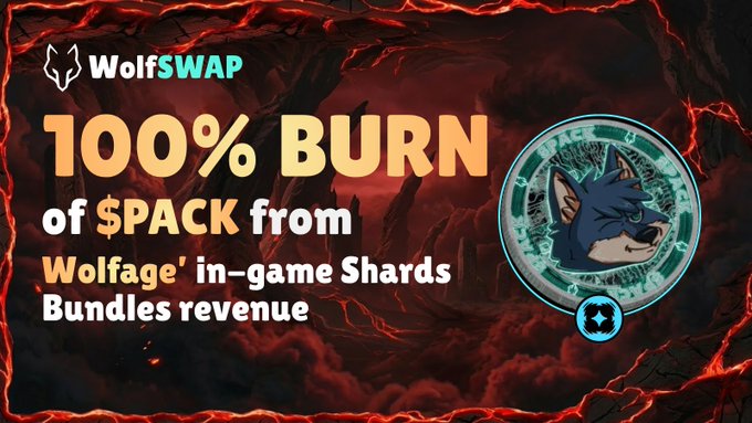 A promotional graphic for "WolfSWAP" advertises a "100% BURN of $PACK from Wolfage' in-game Shards Bundles revenue" with a wolf coin illustration on a fiery red background.