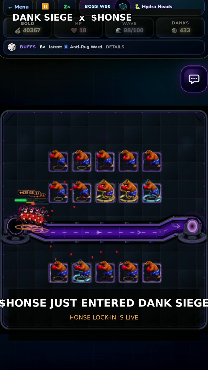 A mobile game screenshot titled "DANK SIEGE x $HONSE" showing boxer characters on a conveyor belt, with stats including 40367 gold, 18 HP, wave 98/100, and text announcing "$HONSE JUST ENTERED DANK SIEGE - HONSE LOCK-IN IS LIVE."