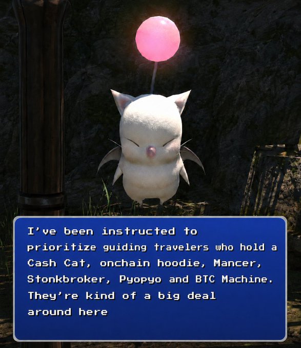 A white, round creature named Kupo with a pink balloon on its head speaks from a blue text box: "I've been instructed to prioritize guiding travelers who hold a Cash Cat, onchain hoodie, Mancer, Stonkbroker, Pyopyo and BTC Machine. They're kind of a big deal around here."