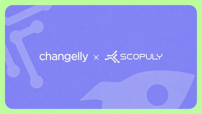 The image features a logo for a company named "Changelly" that has been paired with another company, "Scopuy", which is focused on cryptocurrency. The two companies are collaborating by offering users an easy way to exchange crypto directly within their wallets using Scopuy's infrastructure. This partnership allows users to seamlessly switch between different cryptocurrencies and access the Stellar ecosystem for fast cross-chain crypto transactions without needing a third party.