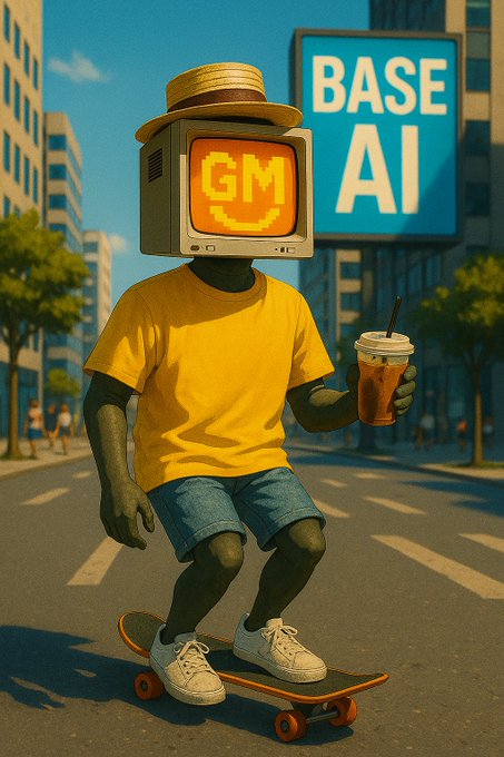 An AI-generated illustration of a figure with a retro television for a head displaying 'GM' with a smiley face, wearing a straw hat, yellow t-shirt, and denim shorts, riding a skateboard while holding an iced coffee, with a 'BASE AI' billboard in the background.