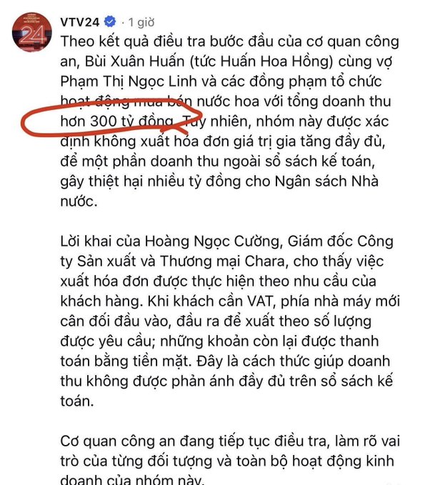 A Vietnamese news post from VTV24 about a police investigation into Bui Xuan Huan (Huấn Hoa Hồng) and Pham Thi Ngoc Linh's flower export activities with over 300 billion VND revenue, with 'hơn 300 tỷ đồng' circled in red.