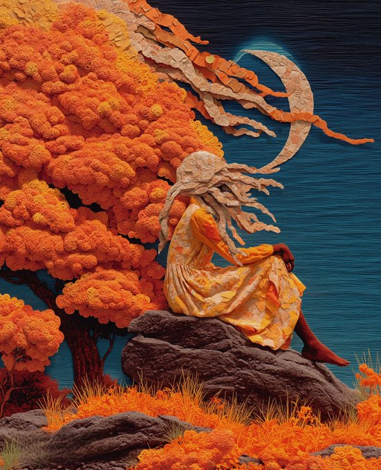 A textured, tactile-style artwork showing a woman in a yellow dress sitting on a rock next to a vibrant orange tree, with a crescent moon and flowing fabric in the background against a deep blue sky.