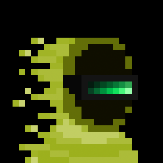 Pixel art of a disintegrating yellow/green character with a digital visor over its eyes, dissolving into pixel particles on the left side.