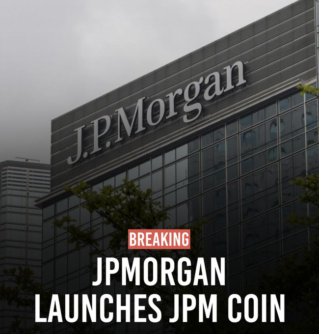 A news-style graphic shows a JPMorgan office building with the headline “BREAKING JPMORGAN LAUNCHES JPM COIN,” announcing the bank’s launch of JPM Coin (JPMD) on Canton Network.