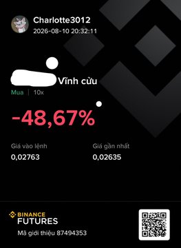 A trading screenshot from Binance Futures showing user Charlotte3012 with a coin/token labeled "Vĩnh cửu" showing a -48.67% loss, entry price 0.02763, current price 0.02635, with QR code and Mã giới thiệu (referral code) 87494353.