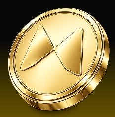 A close-up image of a shiny gold-colored coin or token featuring a stylized geometric 'A' or wave-like logo embossed in the center.