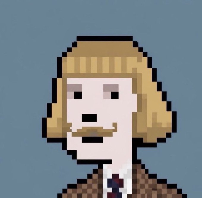 A pixel art portrait depicts a blonde figure with shoulder-length hair wearing a brown checkered jacket and tie against a solid gray-blue background.